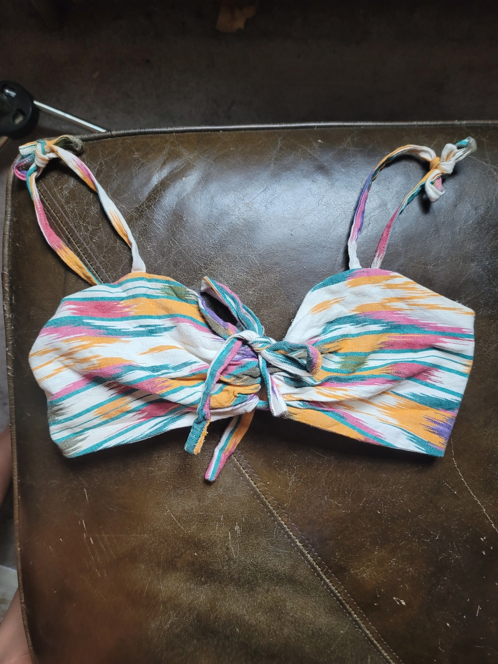 Striped Southwest Style Tie-Front Crop Top in White & Multi